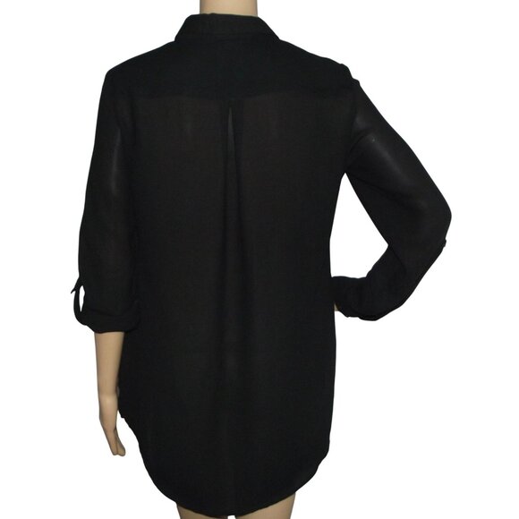 Cato Tunic Blouse Womens Small black burnt orange print semi sheer long sleeve - Picture 2 of 14